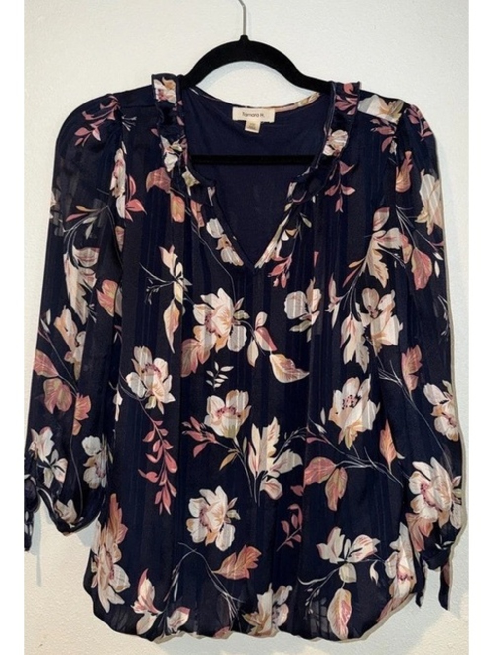 Tamara H. Navy Floral Sheer 3/4 Sleeve Blouse Women’s Small